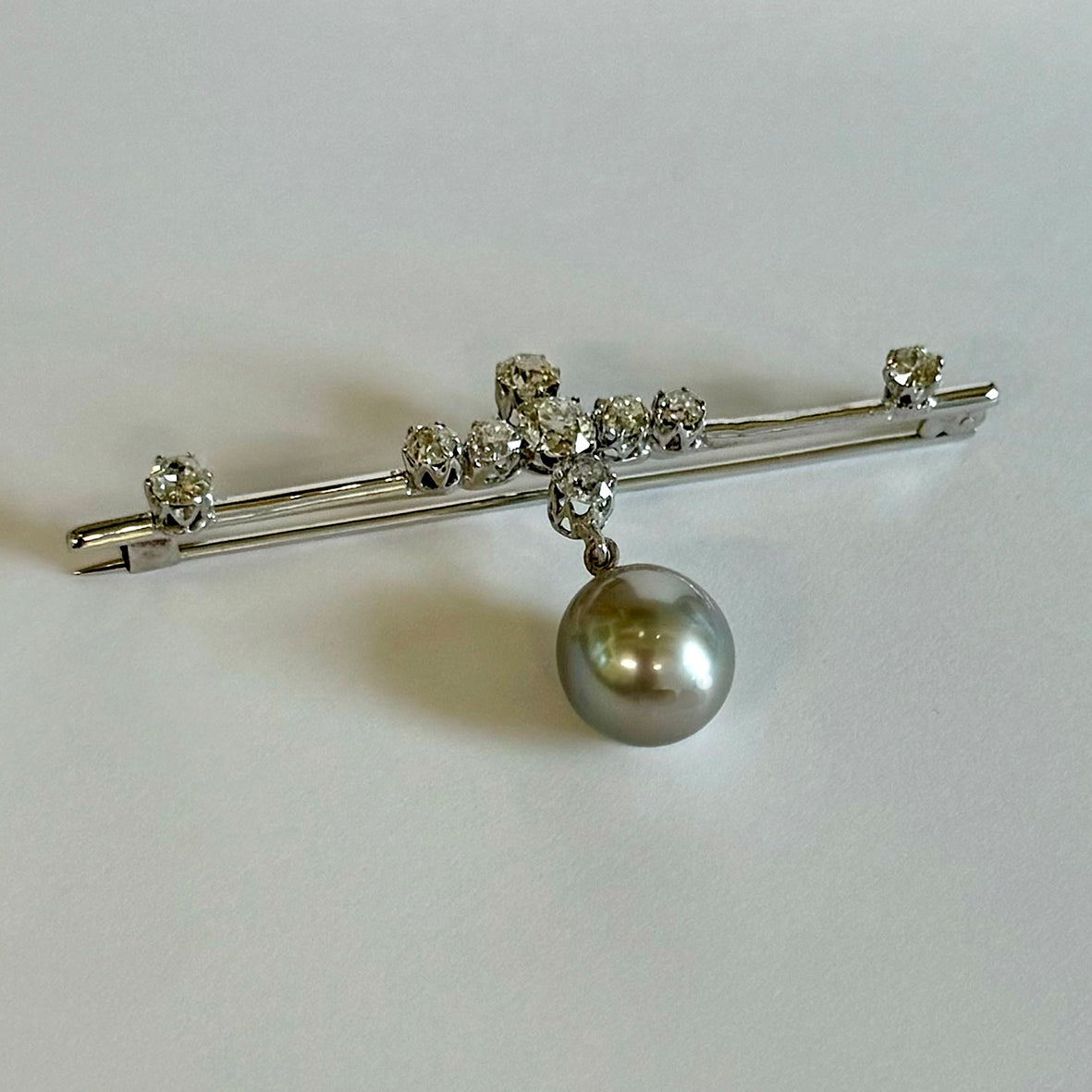 Pale Grey-Blue Tahitian Pearl, Edwardian Bar with Rose-Cut Diamonds, 18ct White Gold, Brooch
