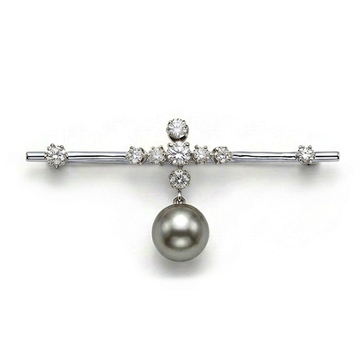 Pale Grey-Blue Tahitian Pearl, Edwardian Bar with Rose-Cut Diamonds, 18ct White Gold, Brooch