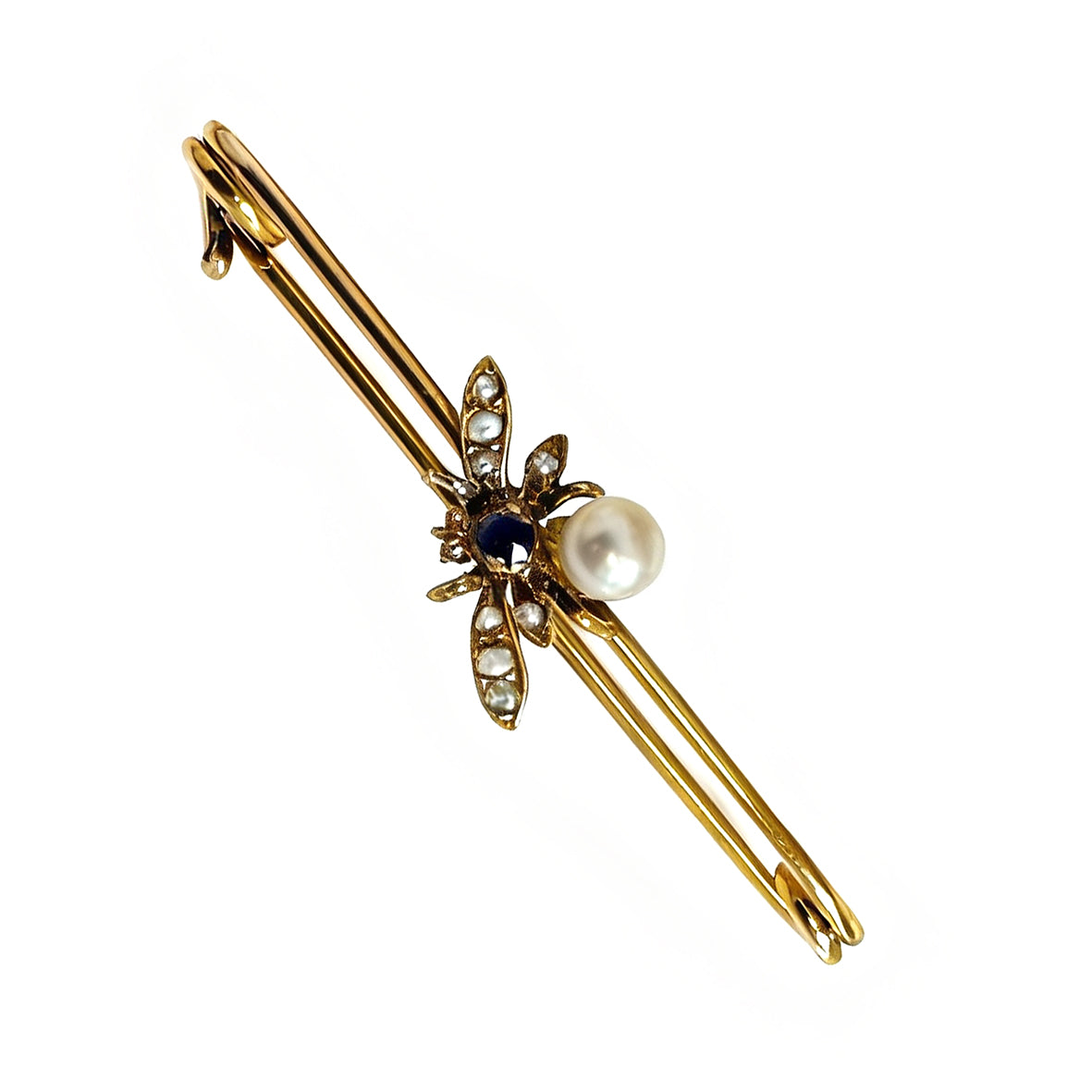 Rare White Natural Pearl Sapphire 9ct Yellow Gold Antique Bee Brooch