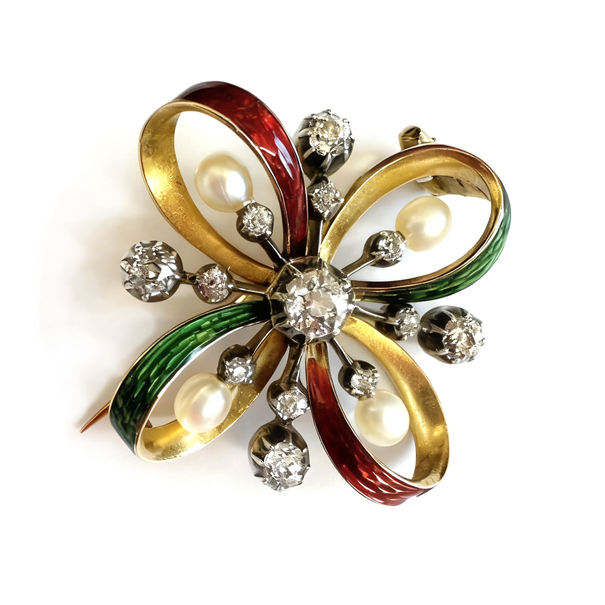 Rare White Natural Pearl Diamond & Multicolour Enamel Brooch