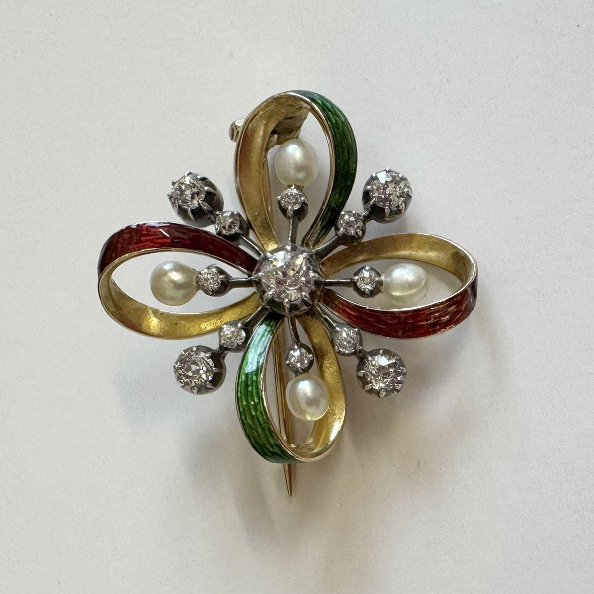 Rare White Natural Pearl Diamond & Multicolour Enamel Brooch