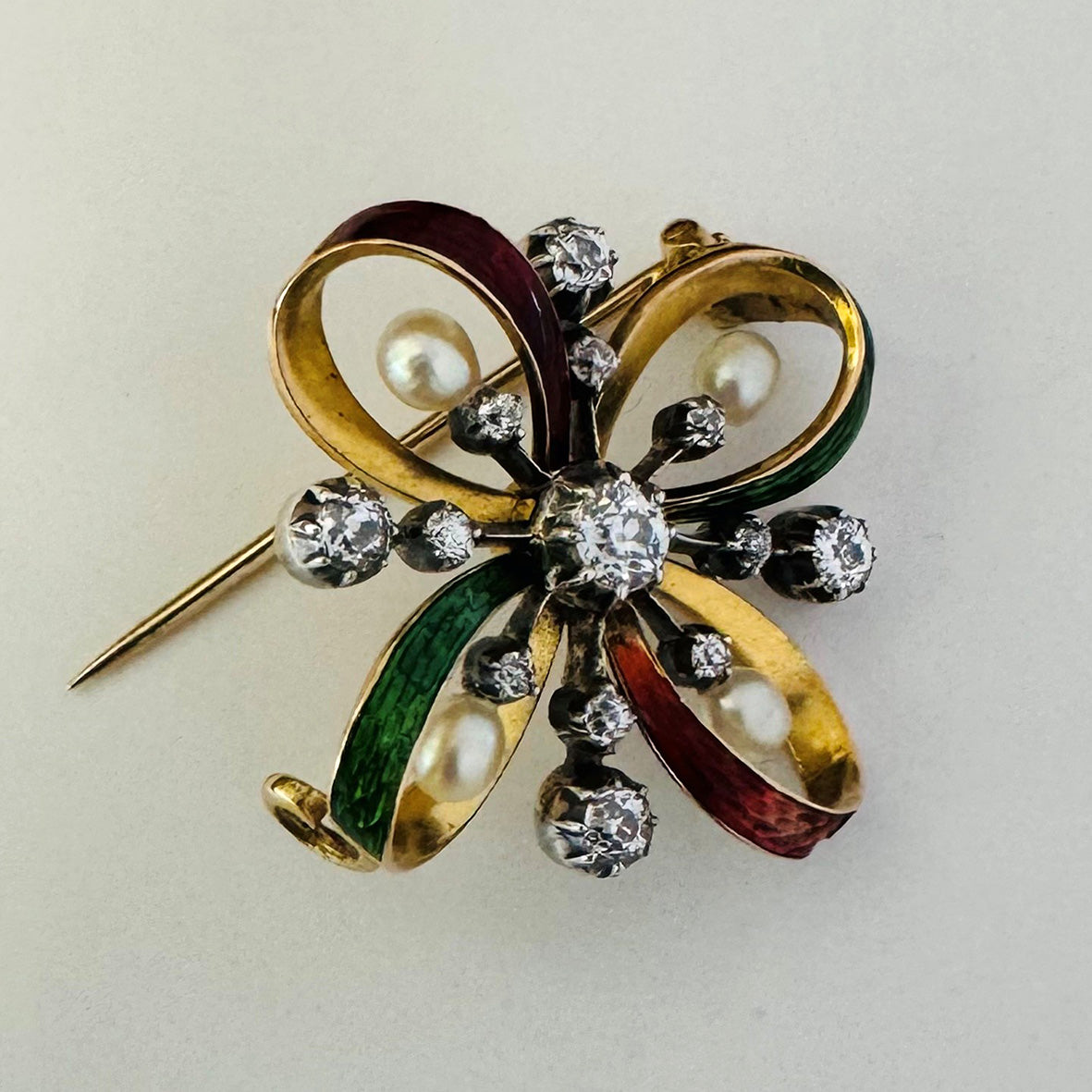 Rare White Natural Pearl Diamond & Multicolour Enamel Brooch
