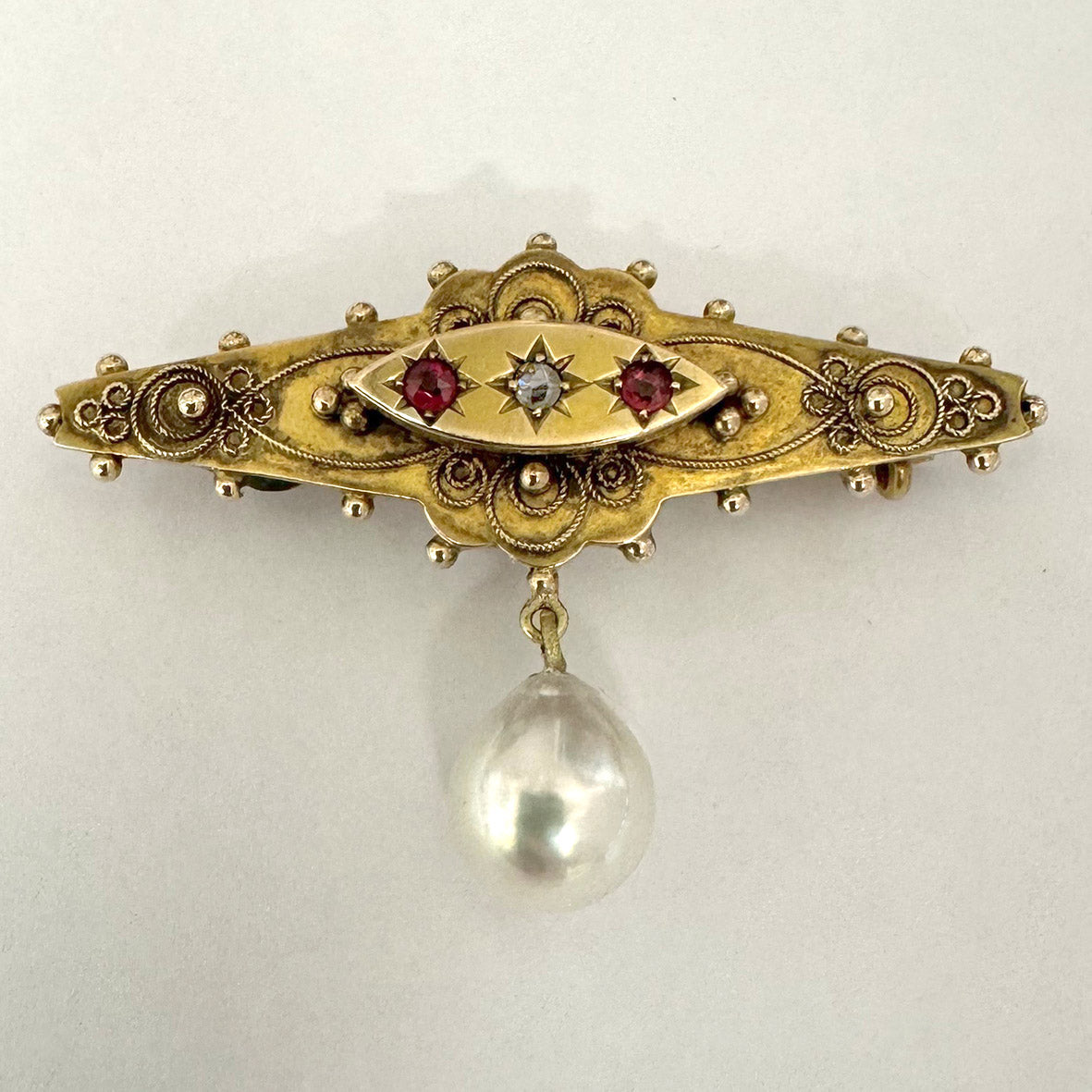 White South Sea Drop Pearl, Ruby & Old-Cut Diamond 9ct Gold Victorian Bar Brooch
