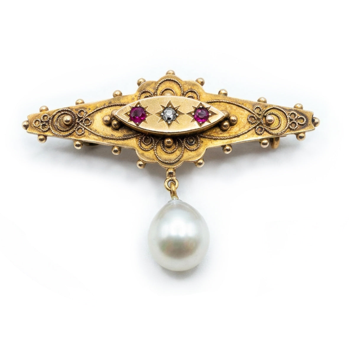 White South Sea Drop Pearl, Ruby & Old-Cut Diamond 9ct Gold Victorian Bar Brooch