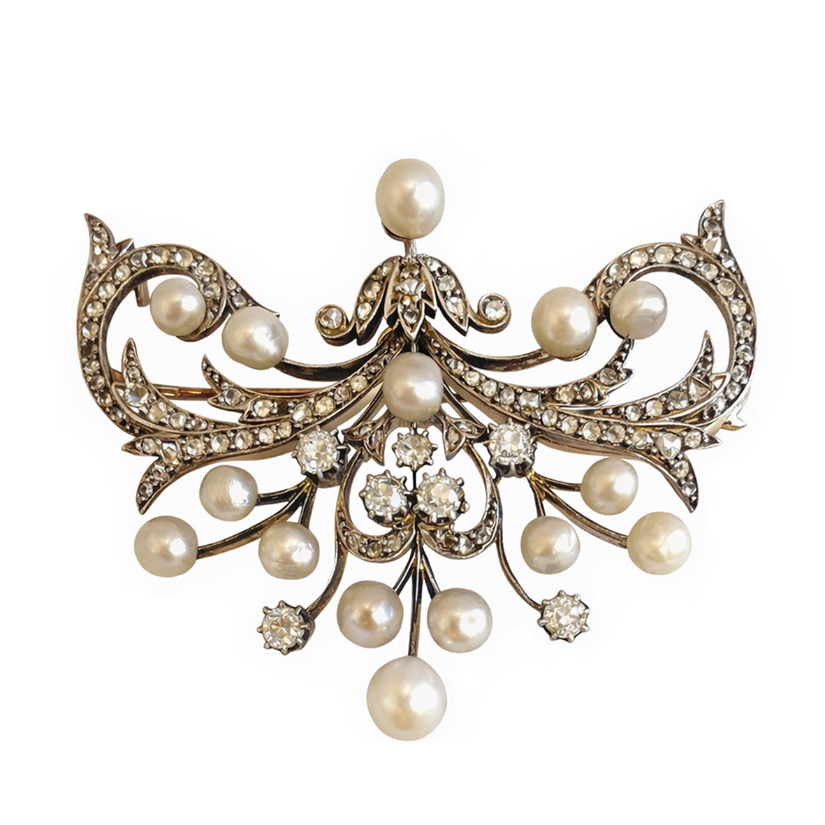 Rare White Natural Pearl & Diamond Encrusted Belle Epoque Brooch