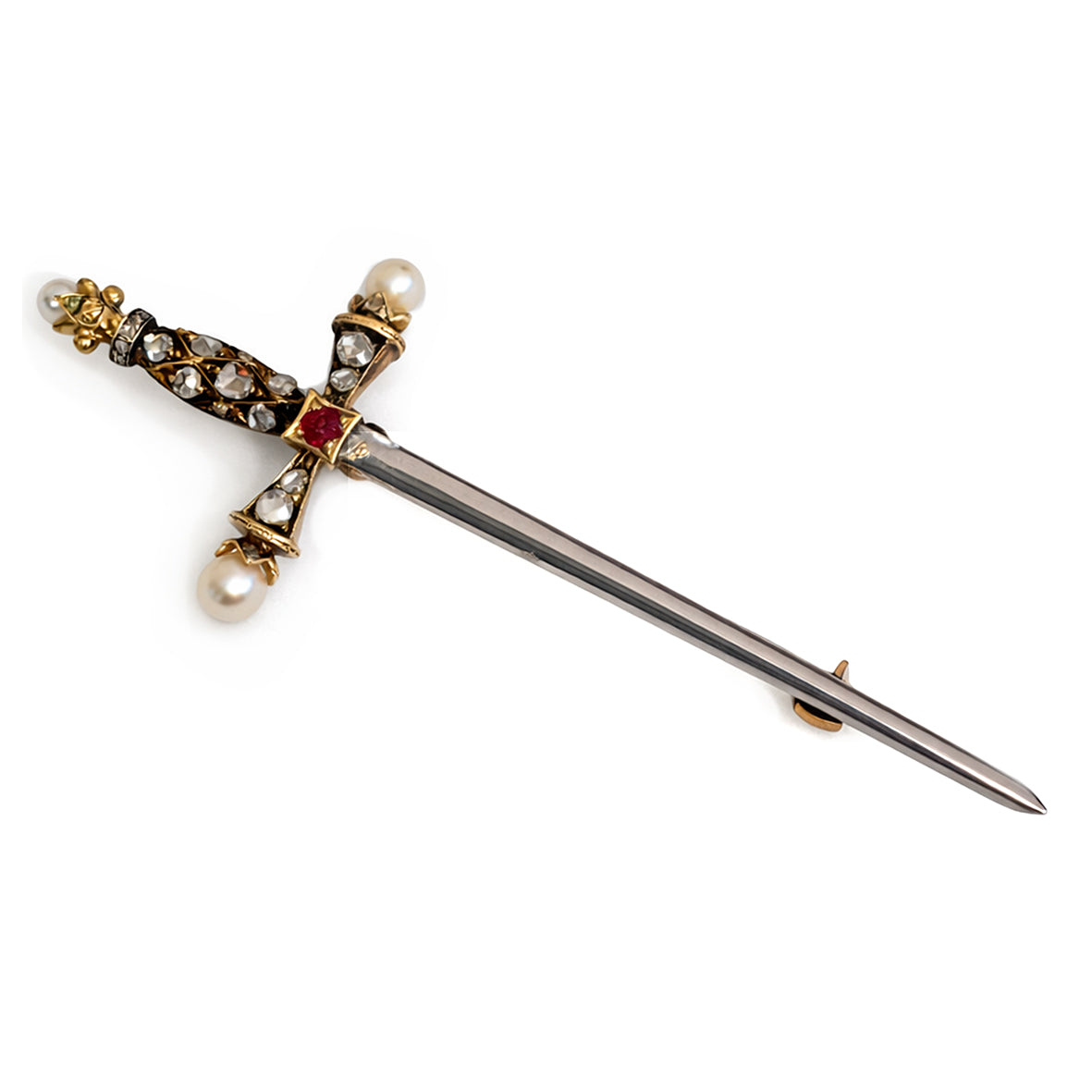 White Akoya Pearl, Diamond & Ruby Cross Brooch
