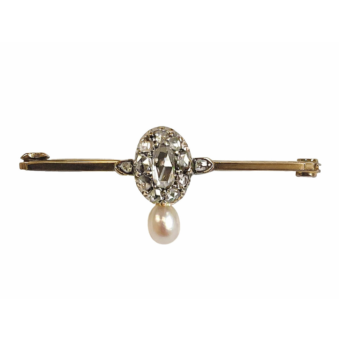Rare White Natural Pearl & Oval Diamond Cluster Brooch