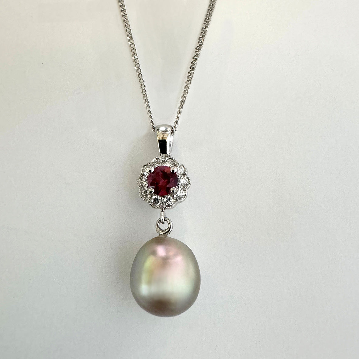 Pink Tahitian Pearl, Ruby & Diamond, 18ct White Gold Chain, Pendant