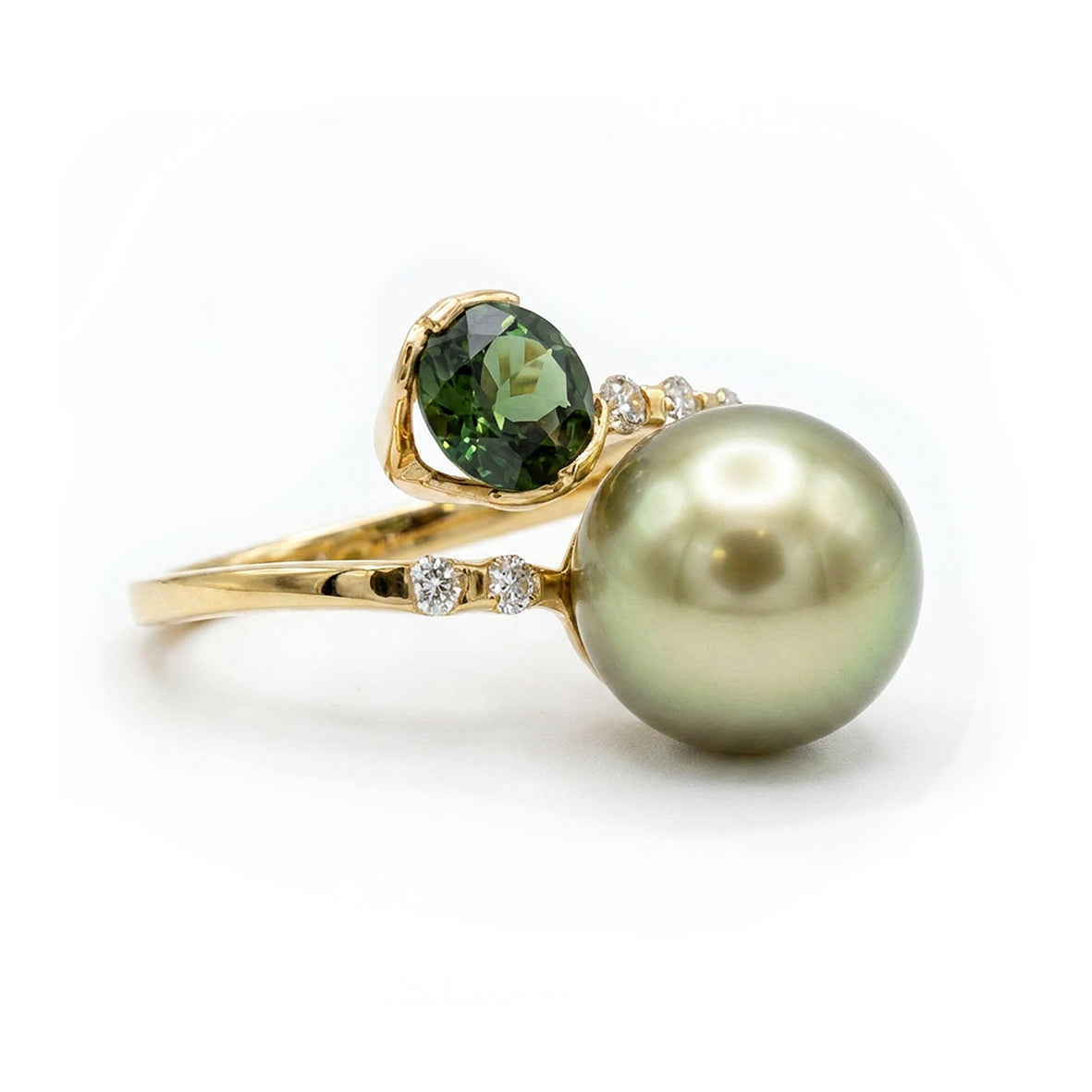 Pistachio Tahitian Pearl and Tourmaline Gold Ring