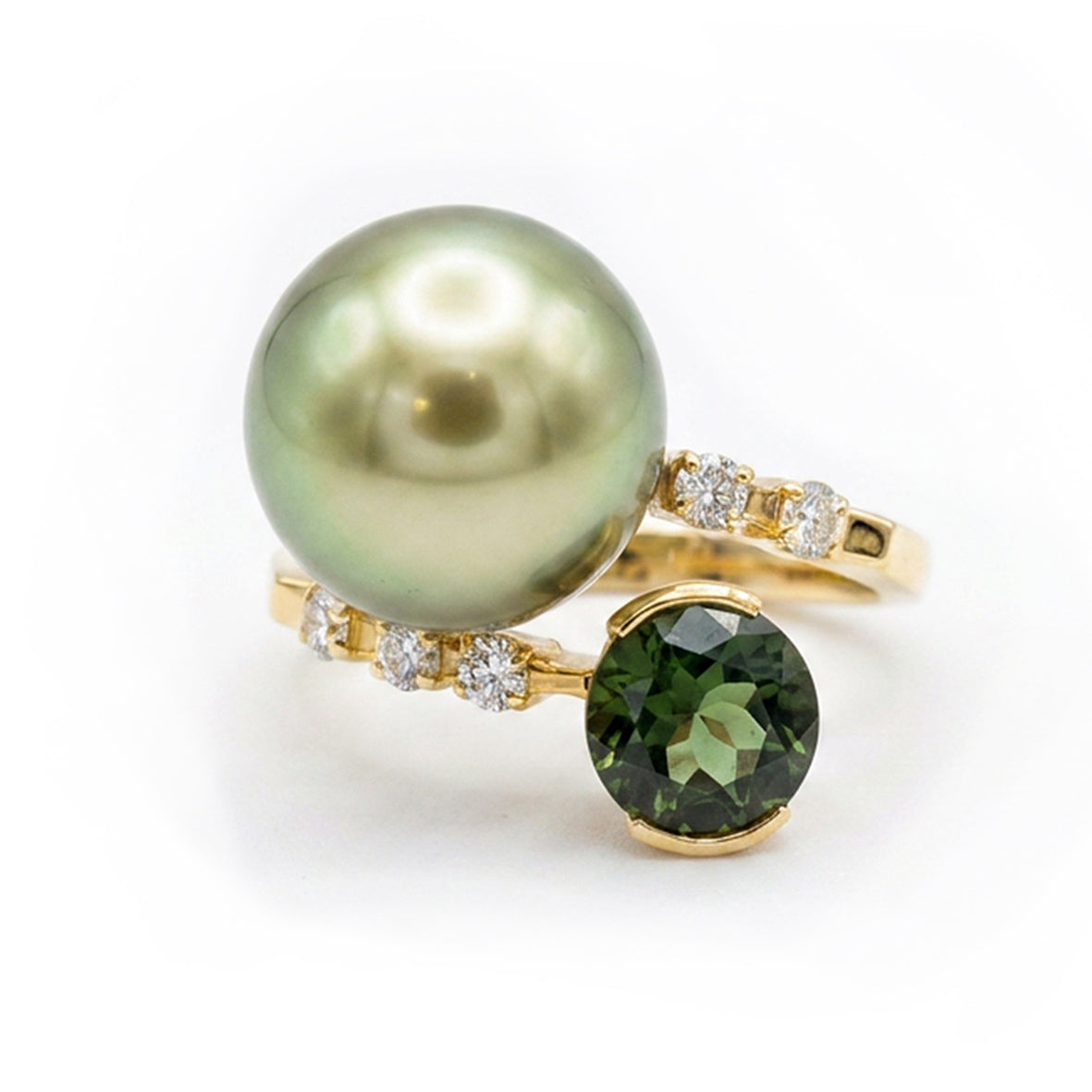 Pistachio Tahitian Pearl and Tourmaline Gold Ring