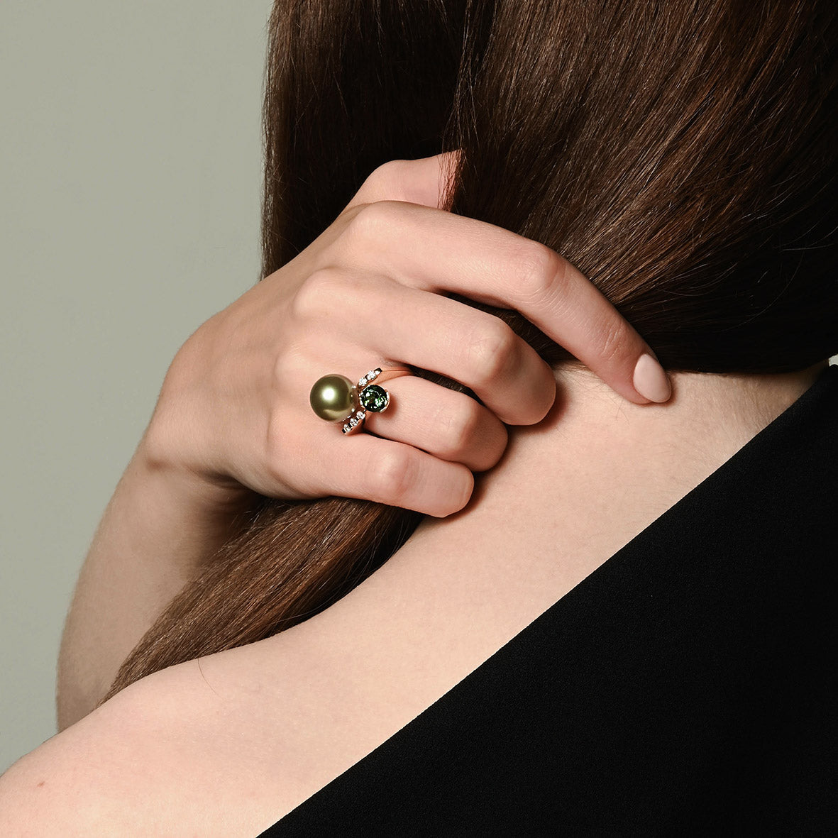 Pistachio Tahitian Pearl and Tourmaline Gold Ring