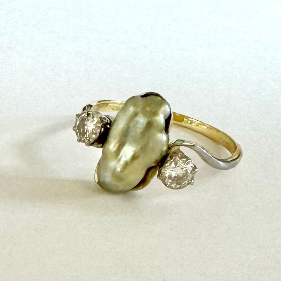 Green Tahitian Keshi Pearl & Diamond, Platinum & 18ct Yellow Gold Crossover, ‘The Architect’ Ring