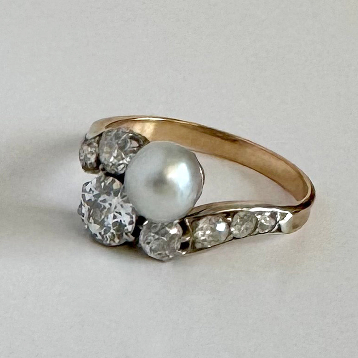 Rare White Natural Pearl & Diamond 18ct Yellow Gold & Platinum ‘You & I’ Ring