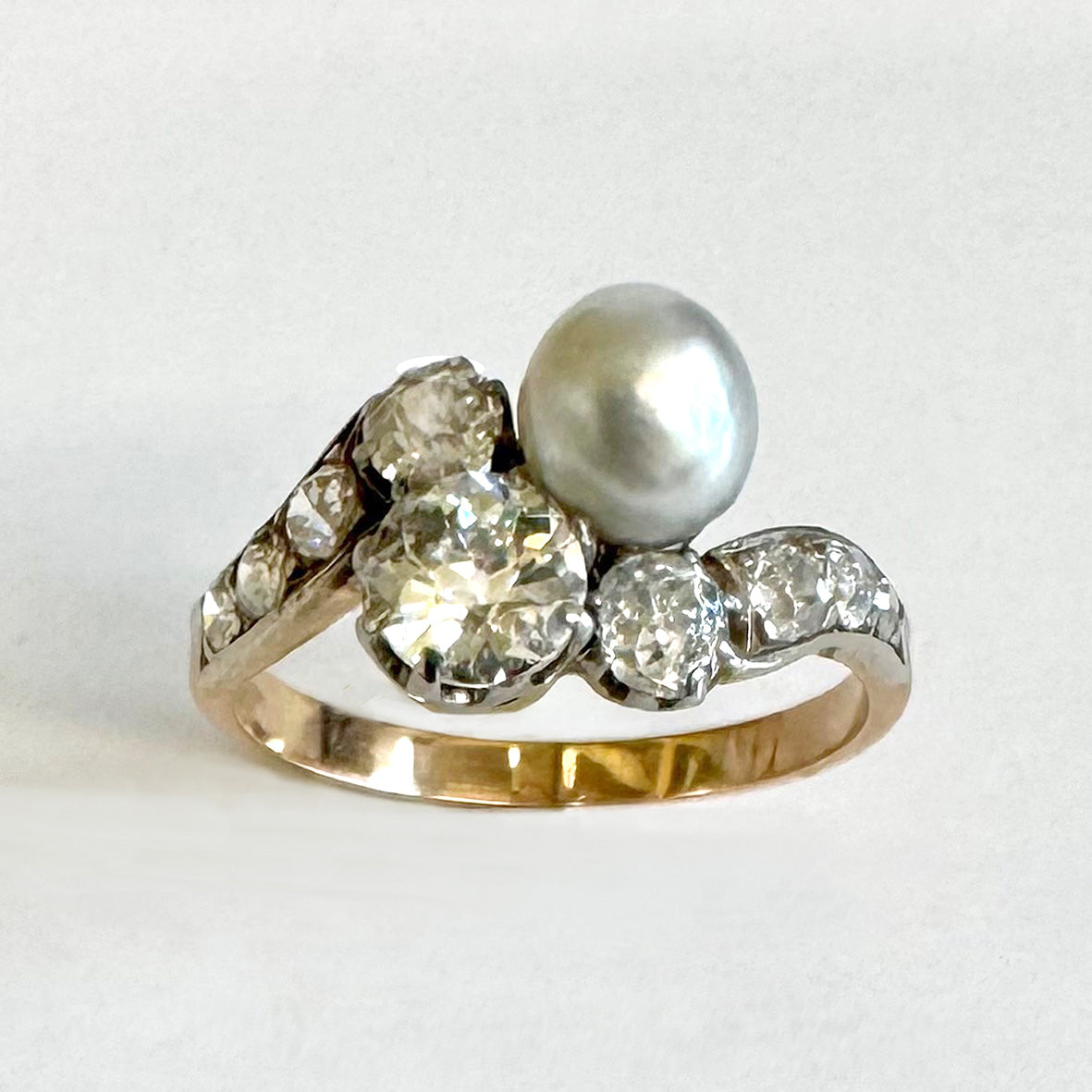 Rare White Natural Pearl & Diamond 18ct Yellow Gold & Platinum ‘You & I’ Ring