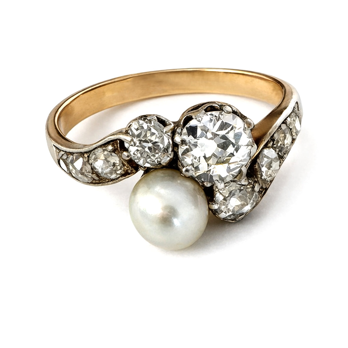 Rare White Natural Pearl & Diamond 18ct Yellow Gold & Platinum ‘You & I’ Ring