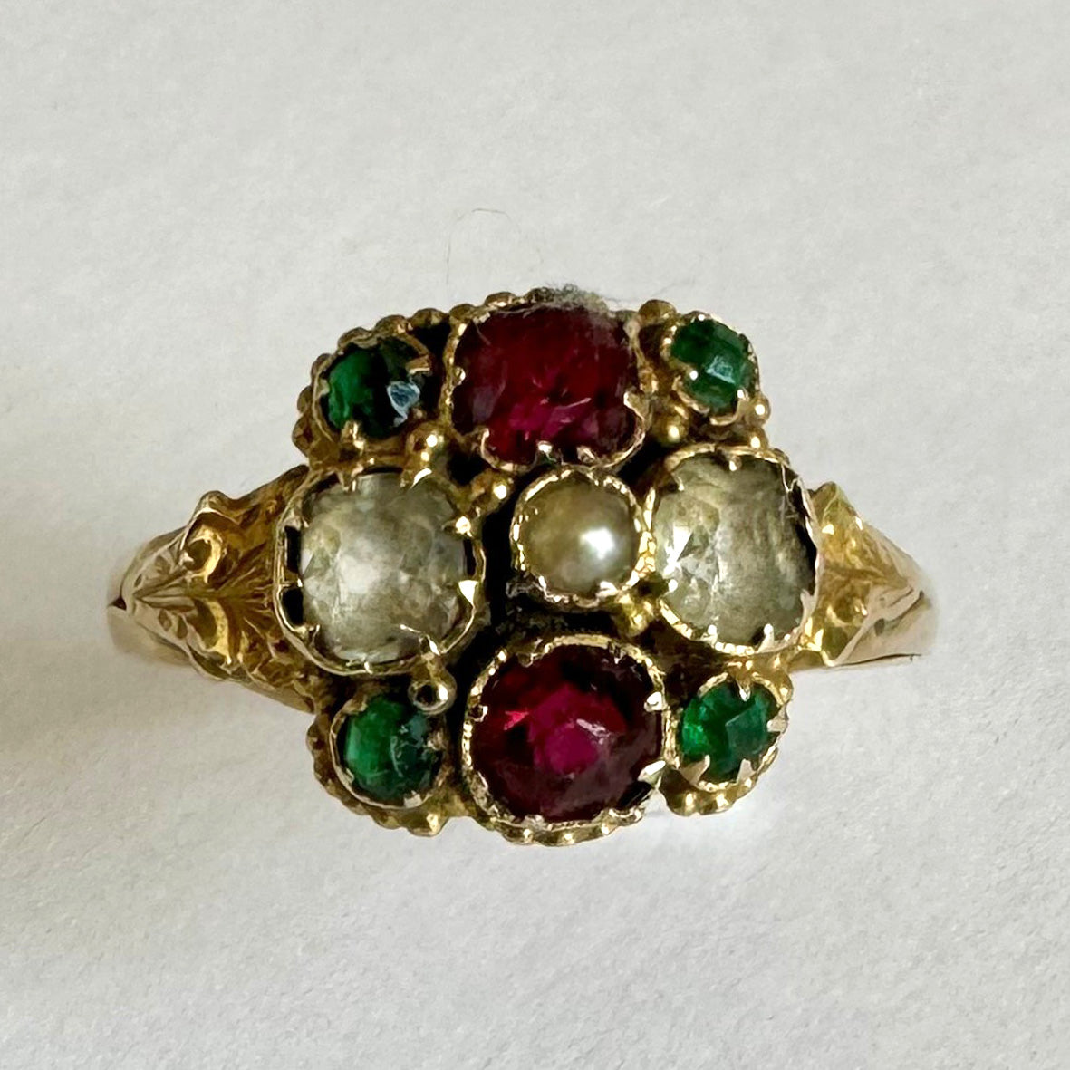 White Natural Pearl Emerald Ruby & White Sapphire Victorian Ring