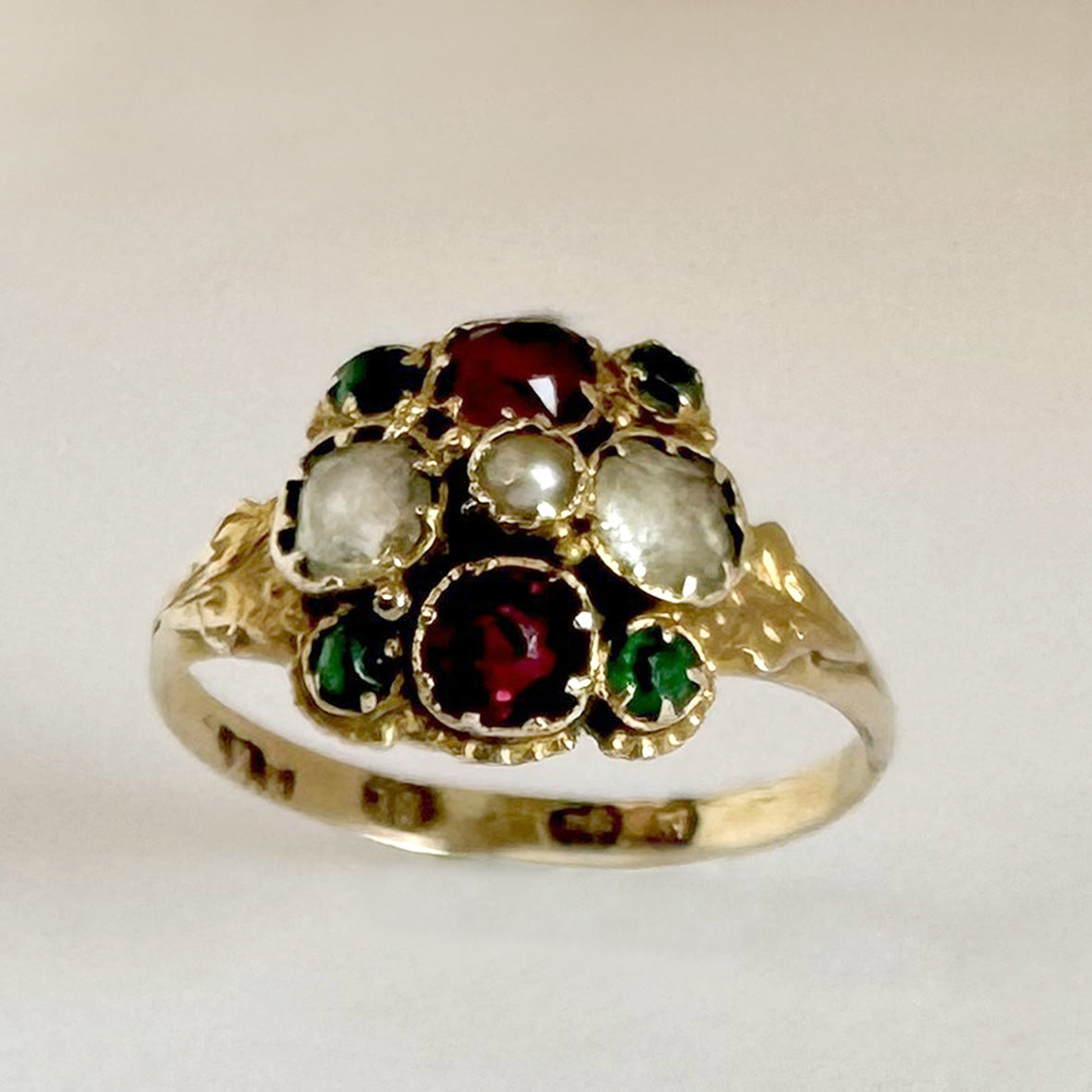 White Natural Pearl Emerald Ruby & White Sapphire Victorian Ring