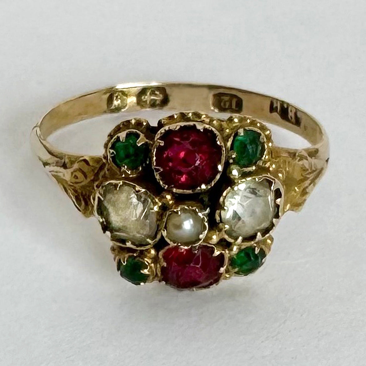 White Natural Pearl Emerald Ruby & White Sapphire Victorian Ring