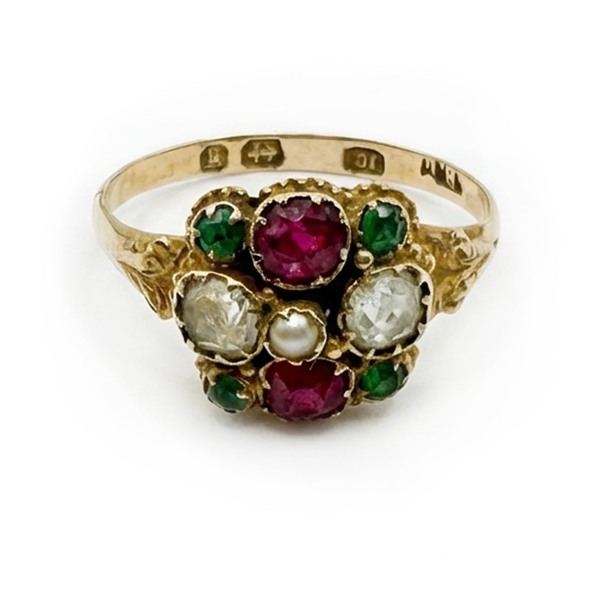 White Natural Pearl Emerald Ruby & White Sapphire Victorian Ring