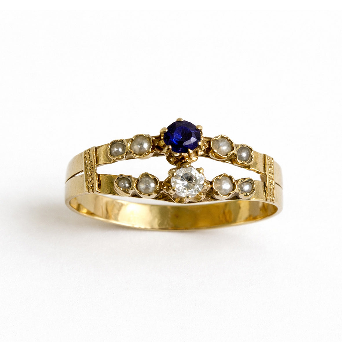 White Natural Seed Pearl Sapphire and Rose-Cut Diamond 18ct Yellow Gold Ring