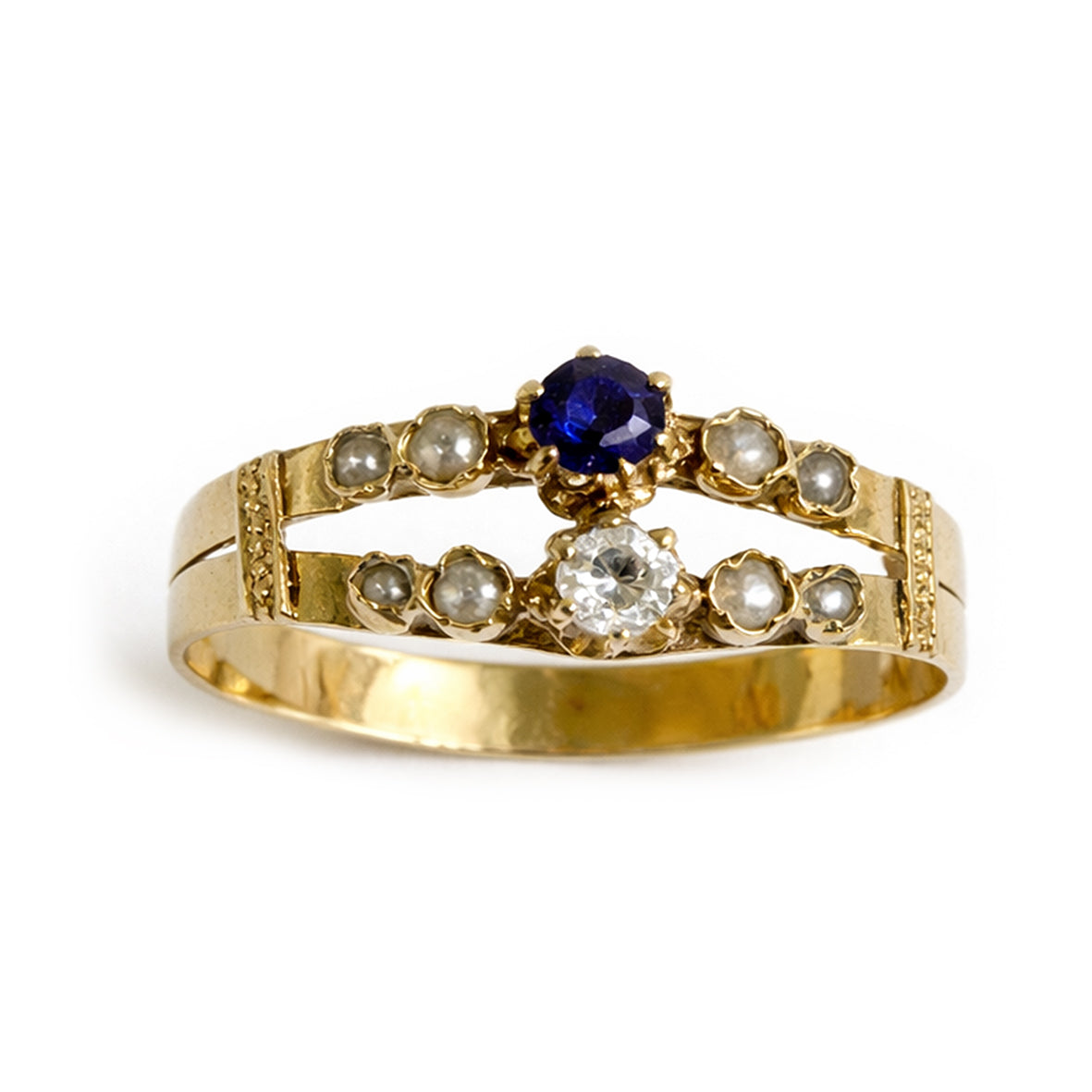 White Natural Seed Pearl Sapphire and Rose-Cut Diamond 18ct Yellow Gold Ring
