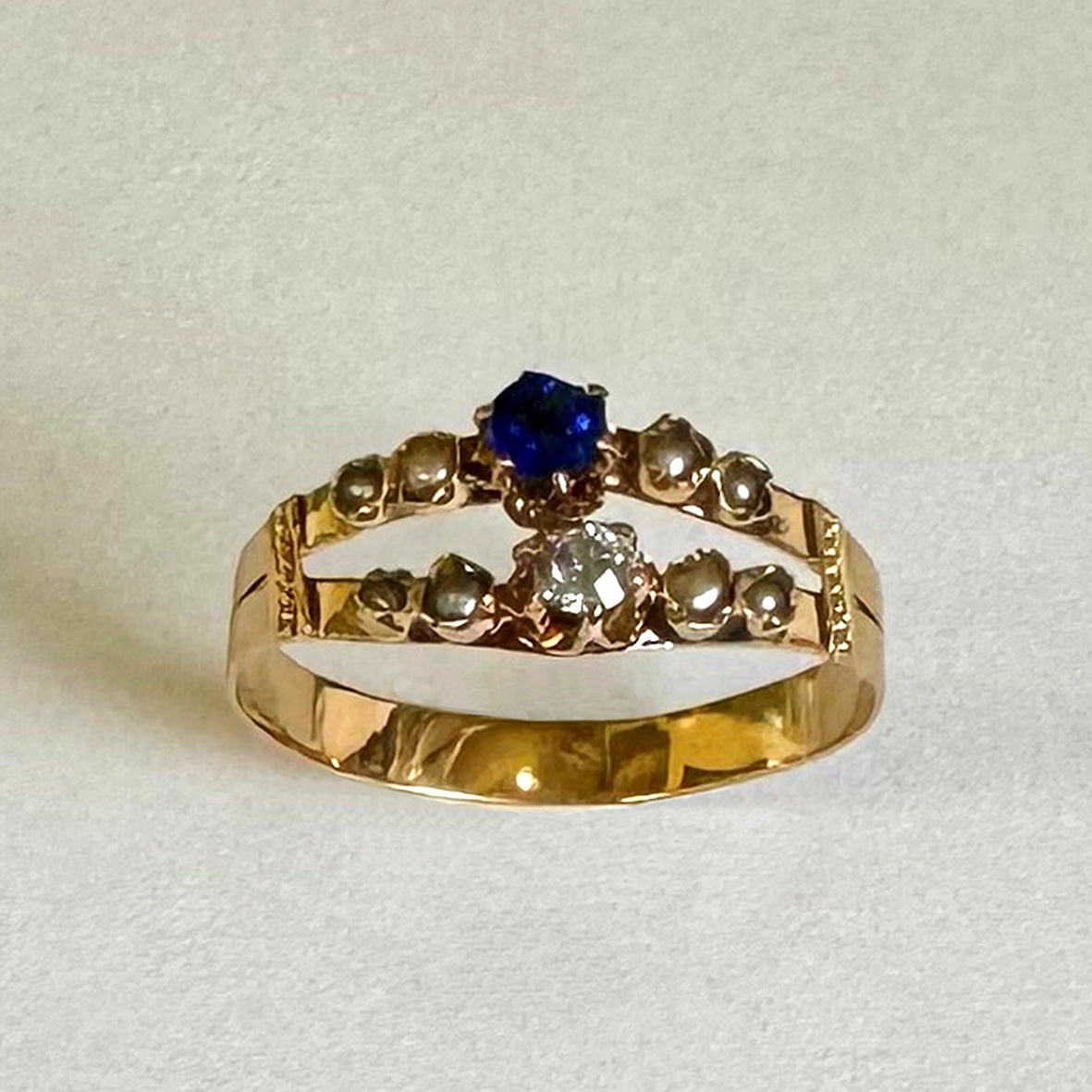 White Natural Seed Pearl Sapphire and Rose-Cut Diamond 18ct Yellow Gold Ring