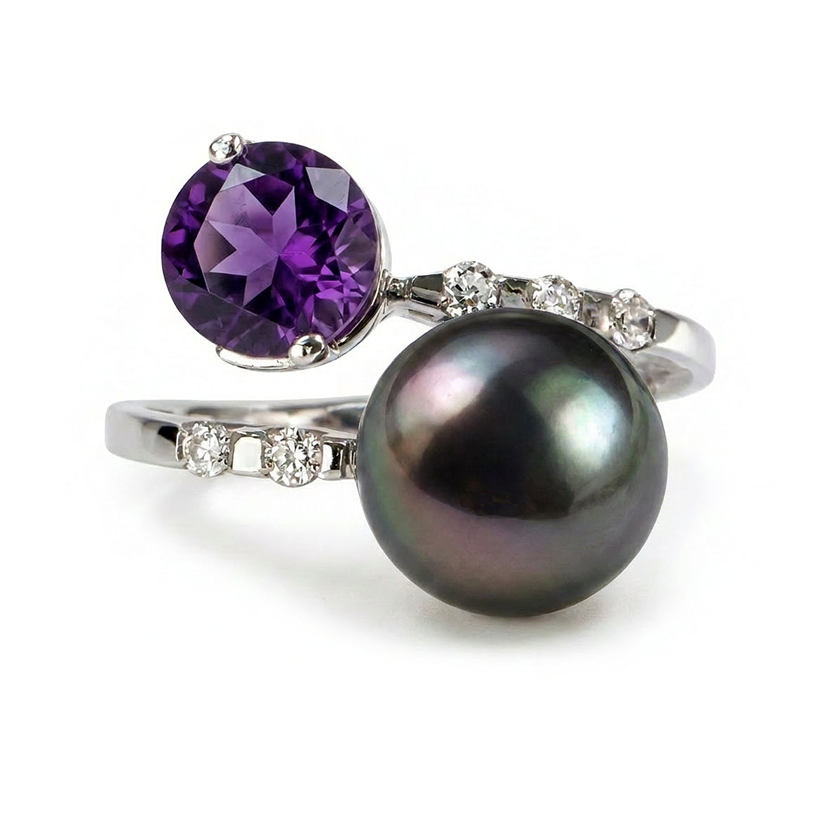 Black Tahitian Pearl & Amethyst White-Gold Ring