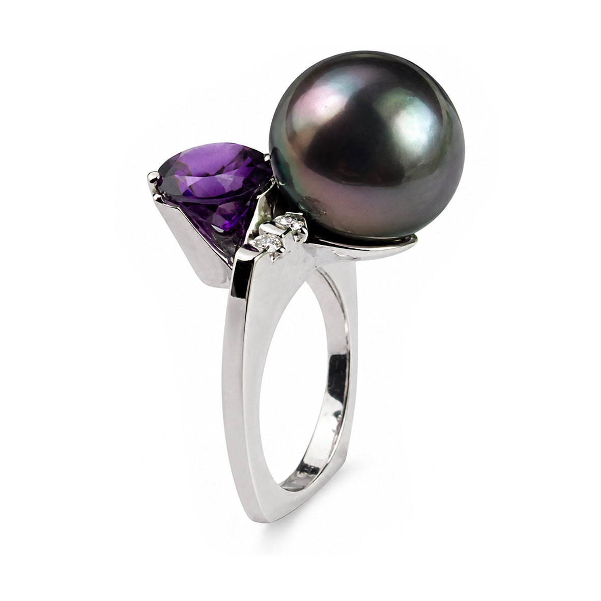Black Tahitian Pearl & Amethyst White-Gold Ring