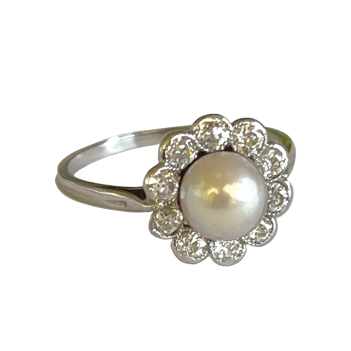 Rare Grey Natural Freshwater Pearl, Diamond & Platinum Belle Epoque Halo Ring