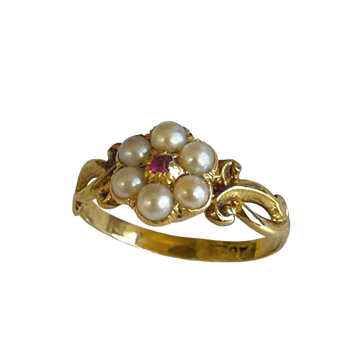 Rare White Natural Pearl & Ruby Cluster Georgian Ring