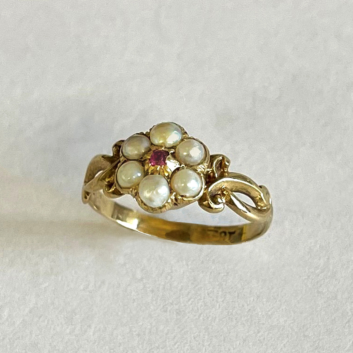 Rare White Natural Pearl & Ruby Cluster Georgian Ring