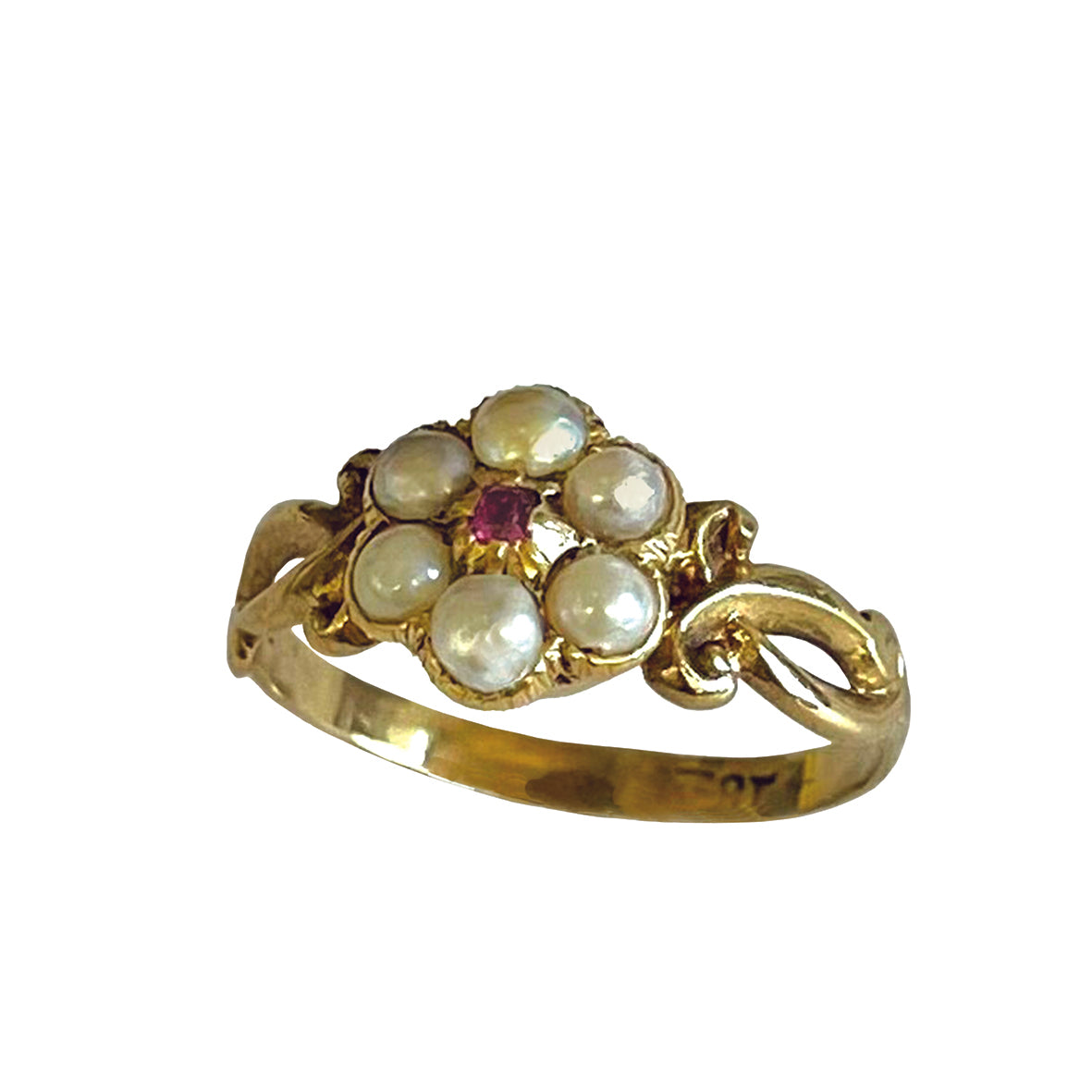 Rare White Natural Pearl & Ruby Cluster Georgian Ring