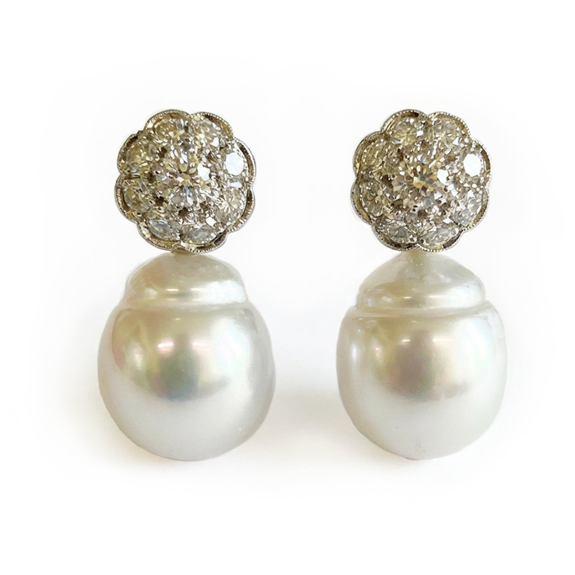 White South Sea Pearl, 18ct Yellow Gold Diamond Cluster Studs, Optional Add-On, Drop Earrings
