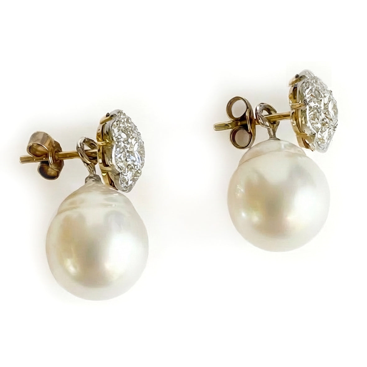 White South Sea Pearl, 18ct Yellow Gold Diamond Cluster Studs, Optional Add-On, Drop Earrings