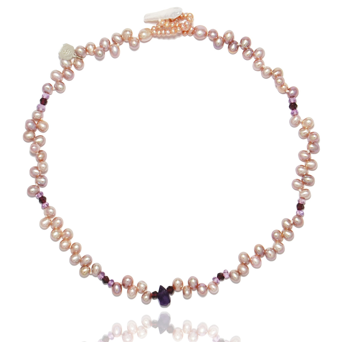 Pink Freshwater Pearl, Garnet & Amethyst Droplet Necklace