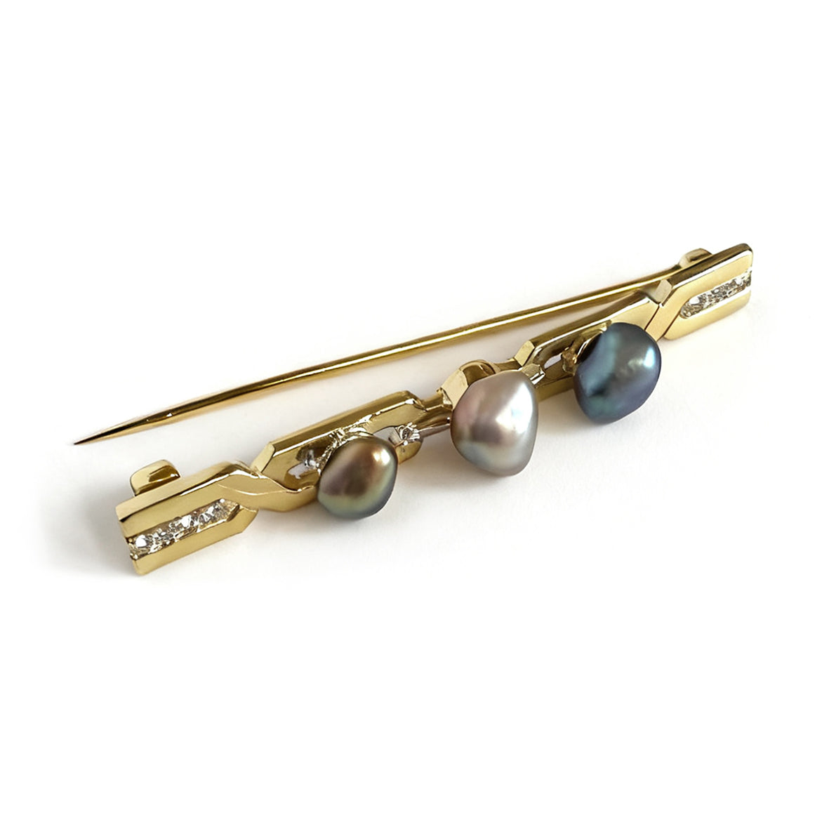 Black-Grey Keshi Pearl & Diamond 18ct Yellow Gold Brooch