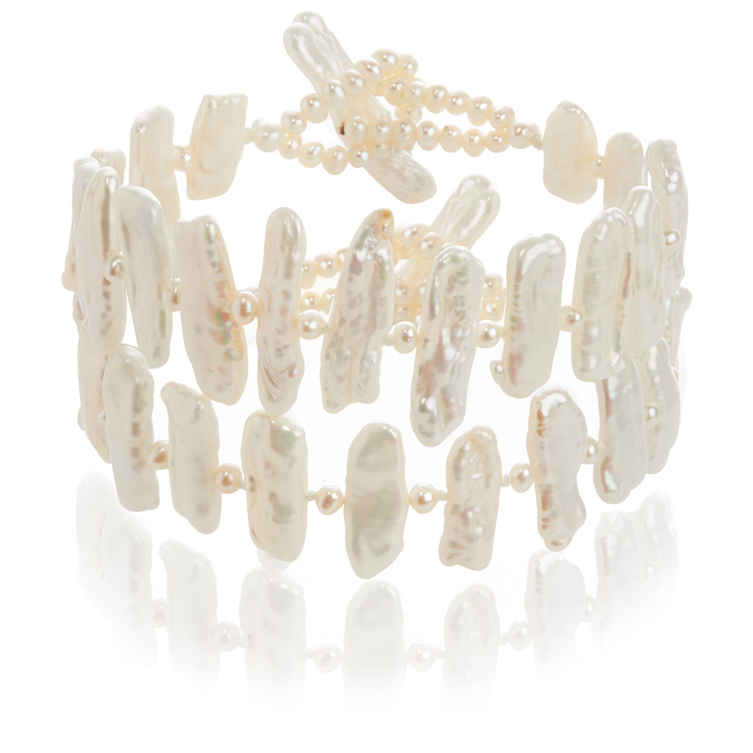 Double Strand White Freshwater Biwa Pearl Bracelet