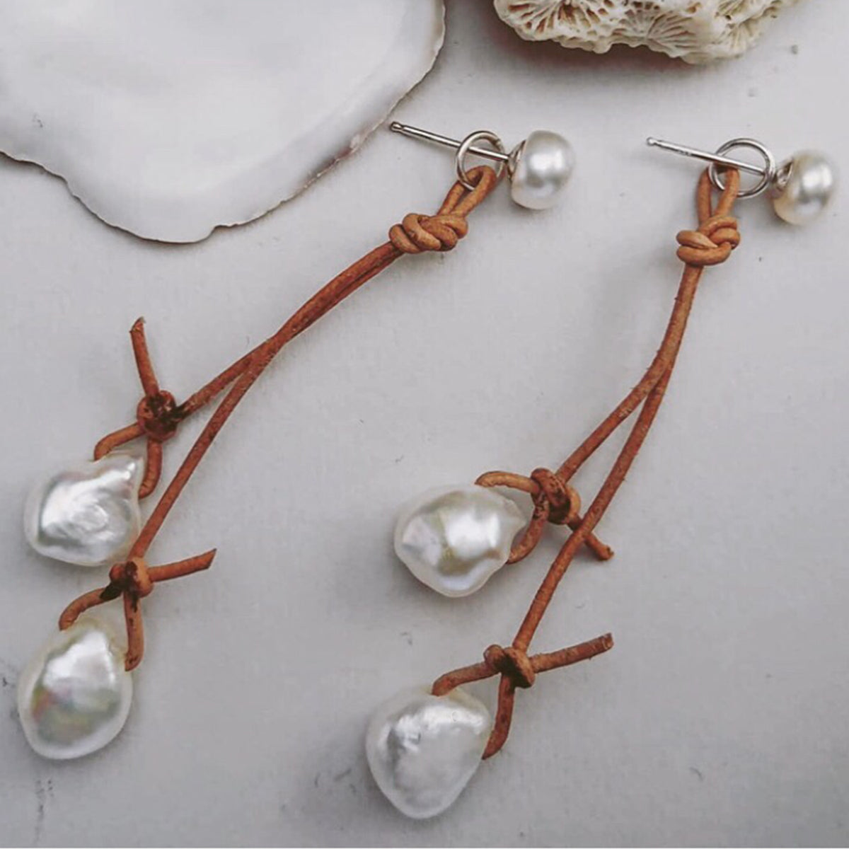 White Freshwater Pearl &amp; Tan &#39;Warrior&#39; Earrings