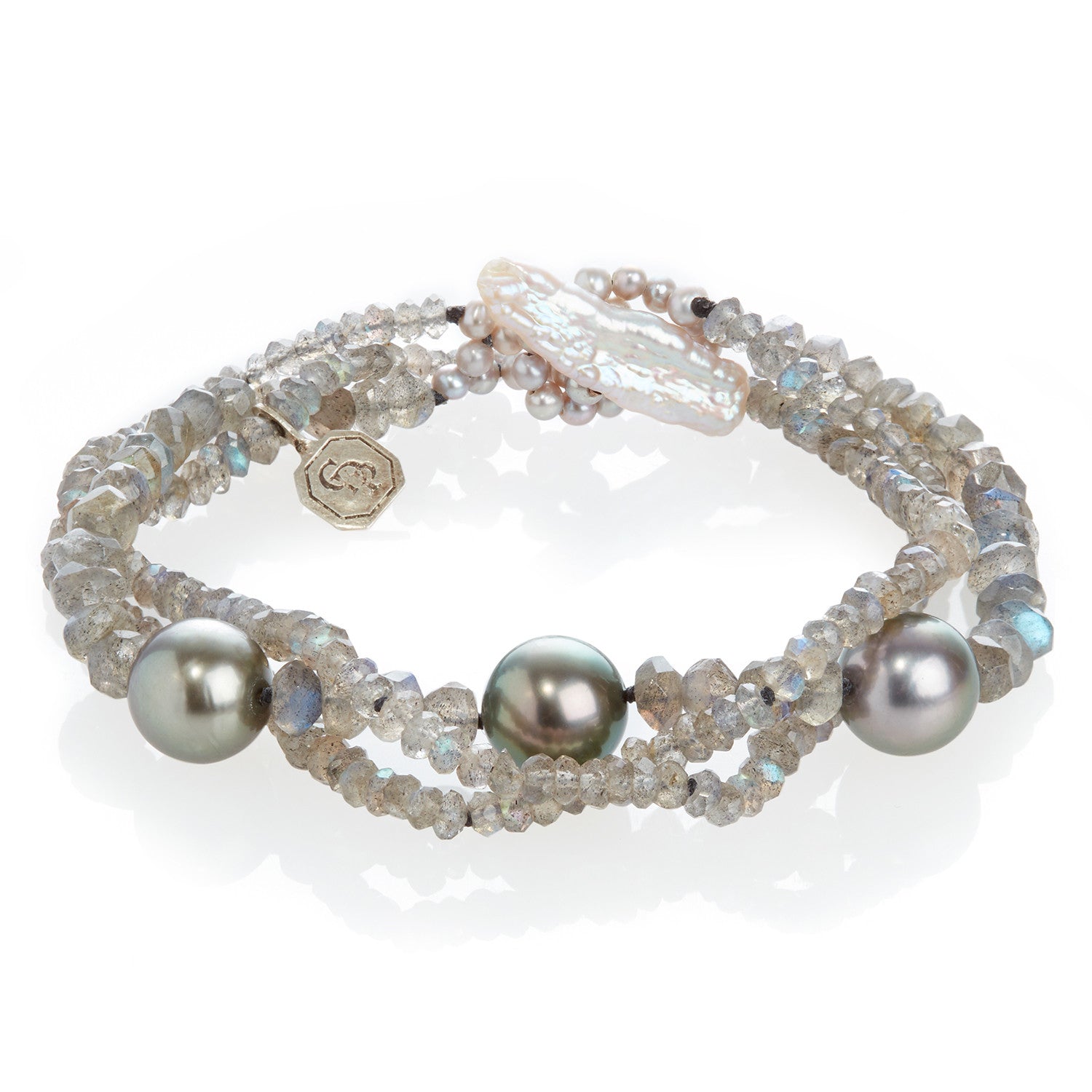 Labradorite and Cultured Tahitian Pearl Spacer Bracelet