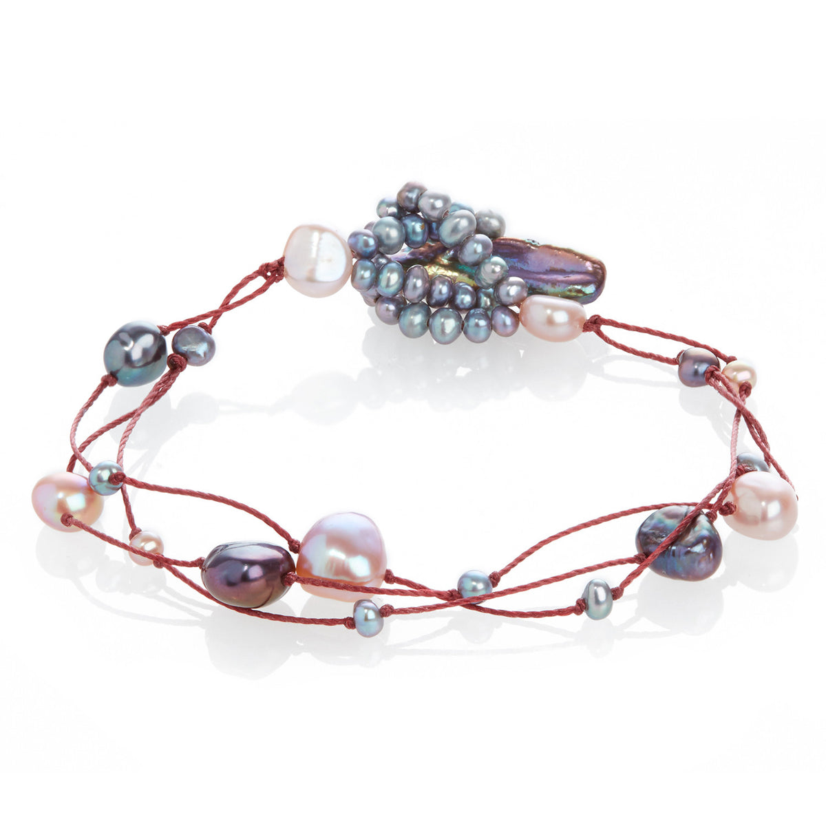 Cultured Freshwater Pearl on Red Silk Bracelet