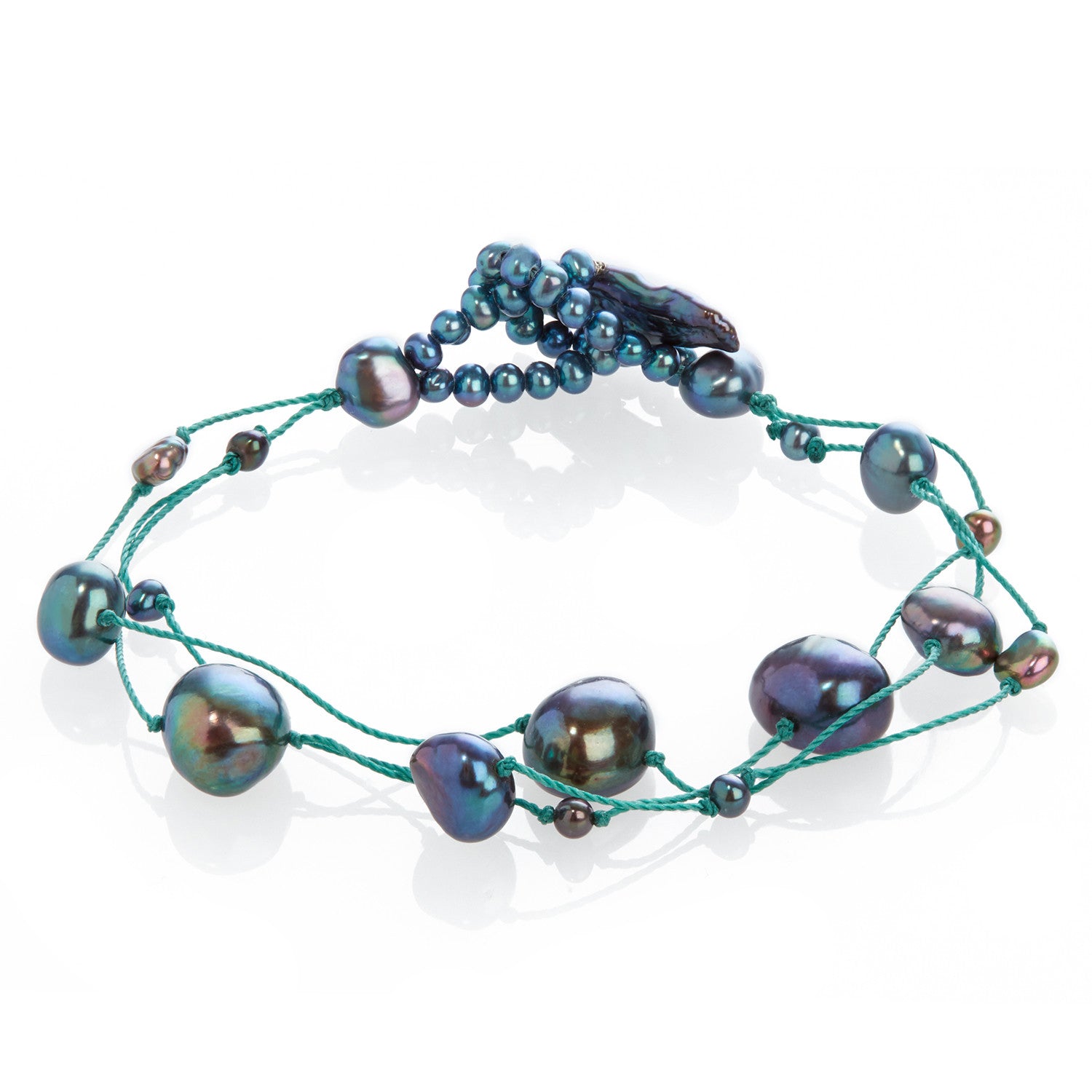 Cultured Freshwater Pearl on Green Silk Bracelet