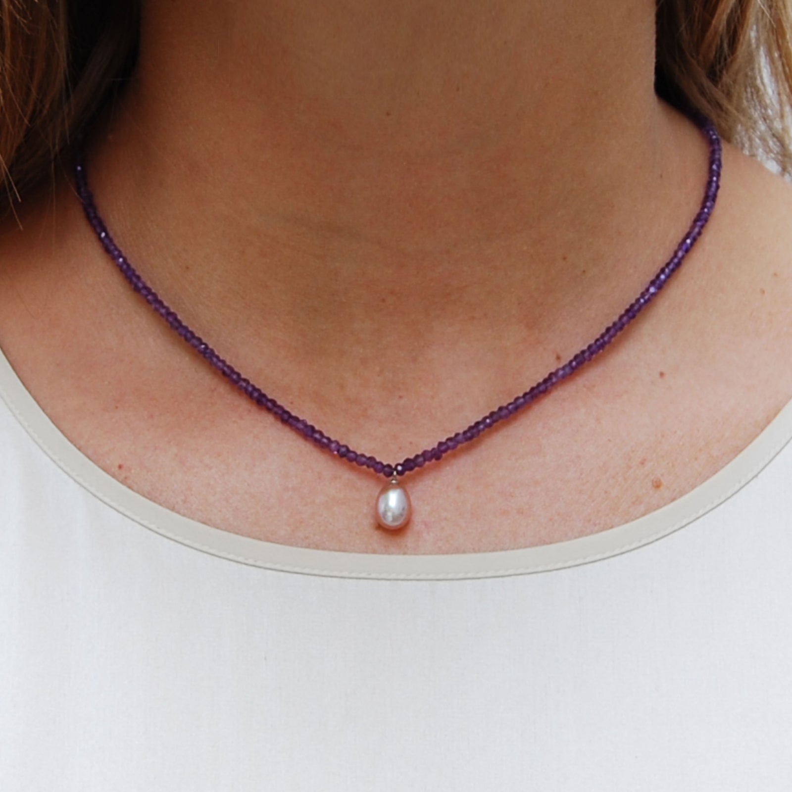 Amethyst Necklace with Freshwater Pearl Drop