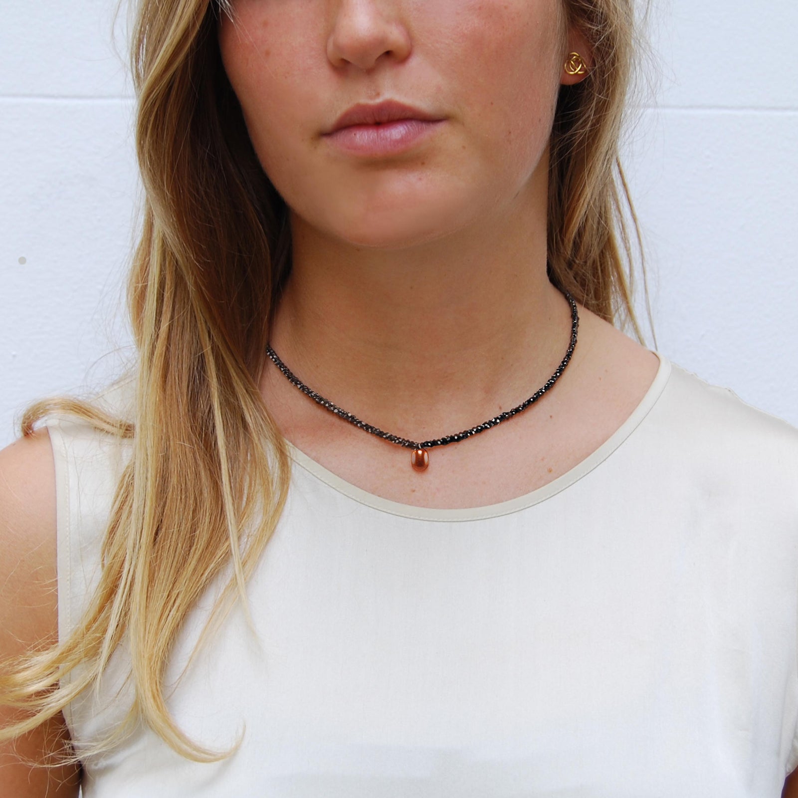 Black Spinel Necklace with Freshwater Pearl Drop