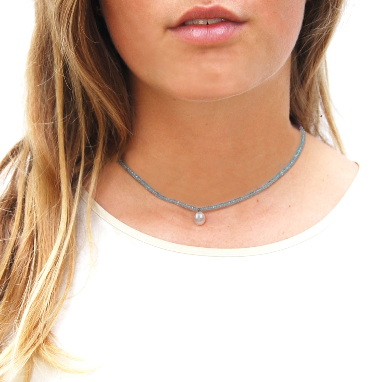 Apatite Necklace with White Freshwater Pearl Drop