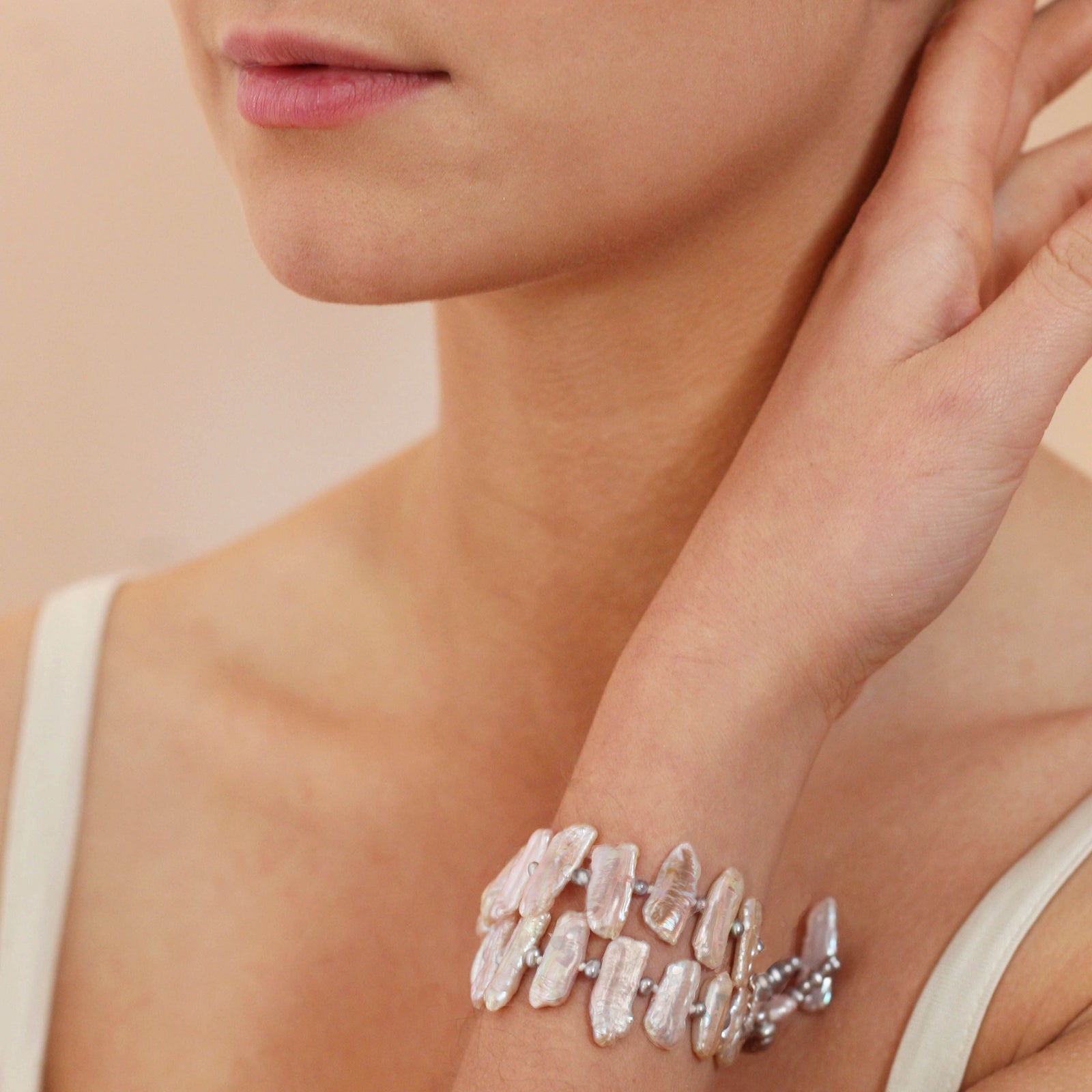 Double Strand Pink Cultured Freshwater Biwa Pearl Bracelet