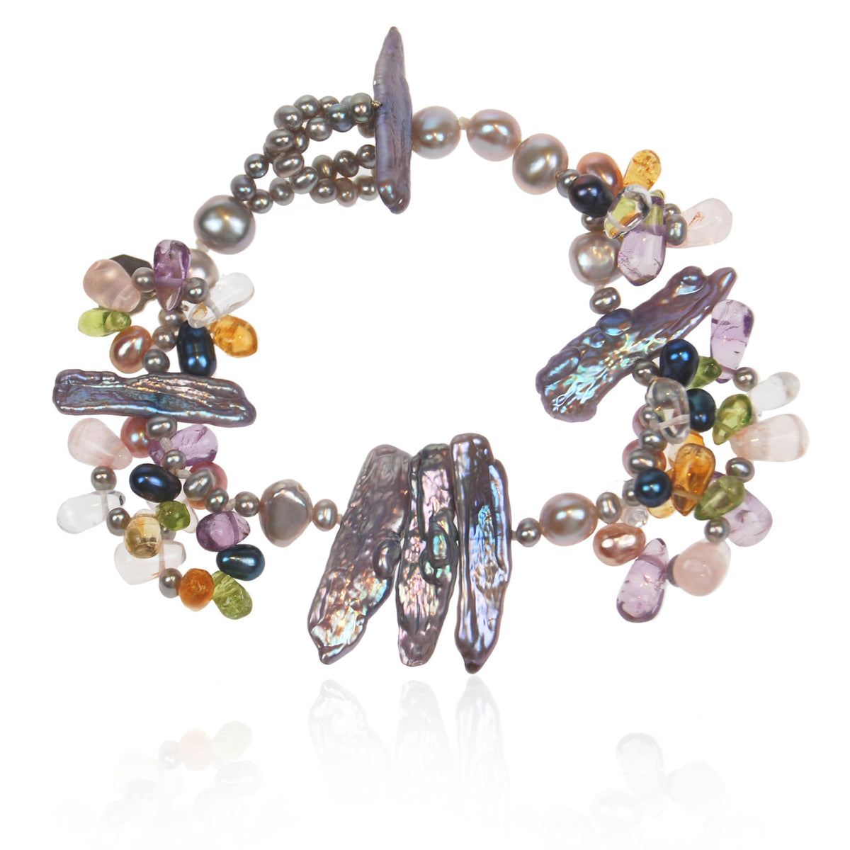 Dark Multi-Coloured Pearl &amp; Semi Precious Stone &#39;Abstract&#39; Bracelet