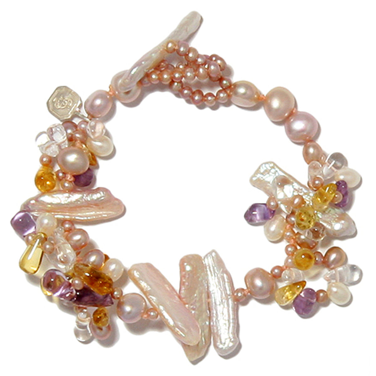 Light Multi-Coloured Pearl &amp; Semi Precious Stone &#39;Abstract&#39; Bracelet