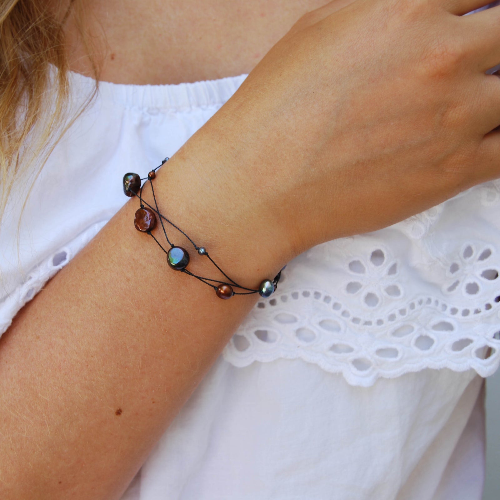 Cultured Freshwater Pearl on Black Silk Bracelet