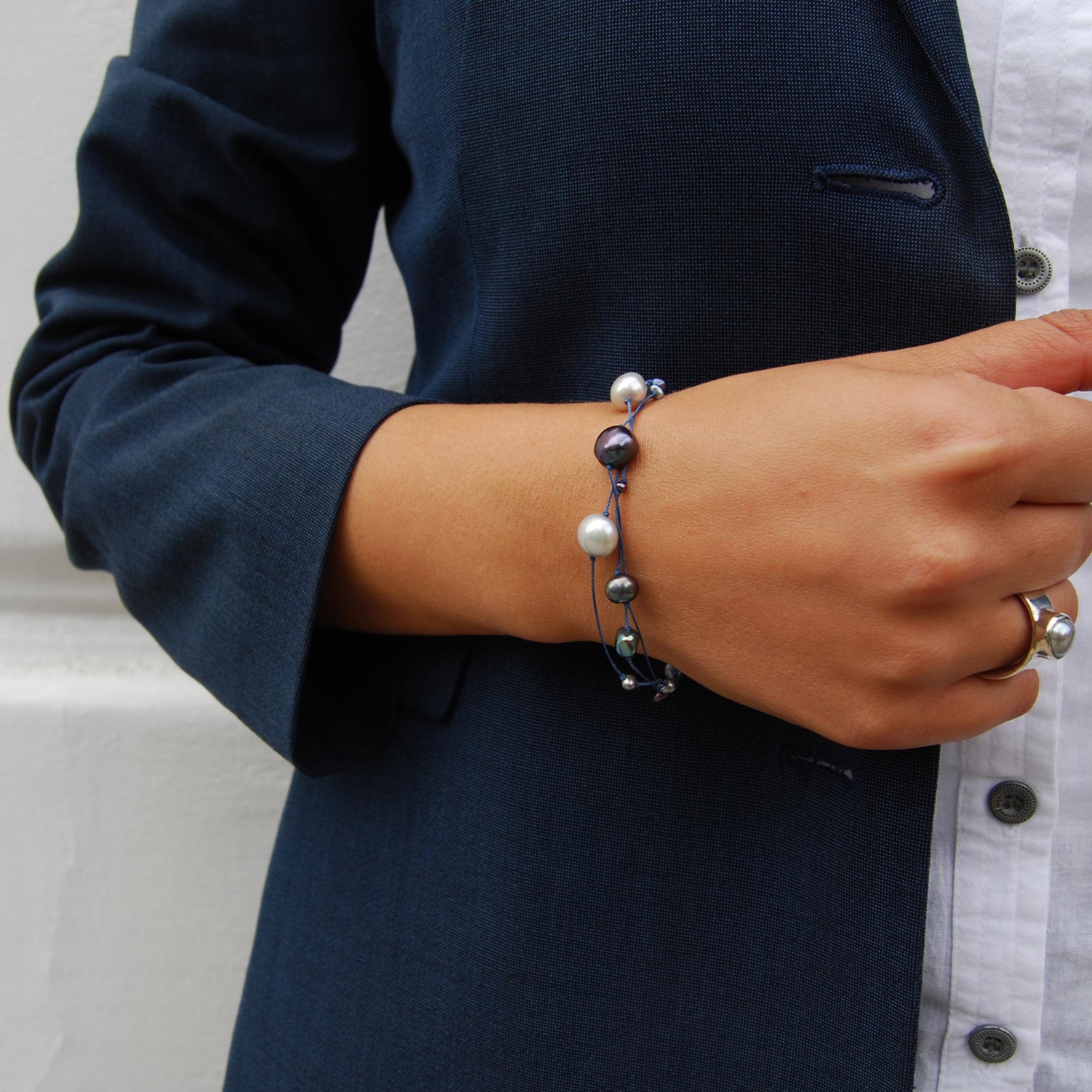 Cultured Freshwater Pearl on Blue Silk Bracelet