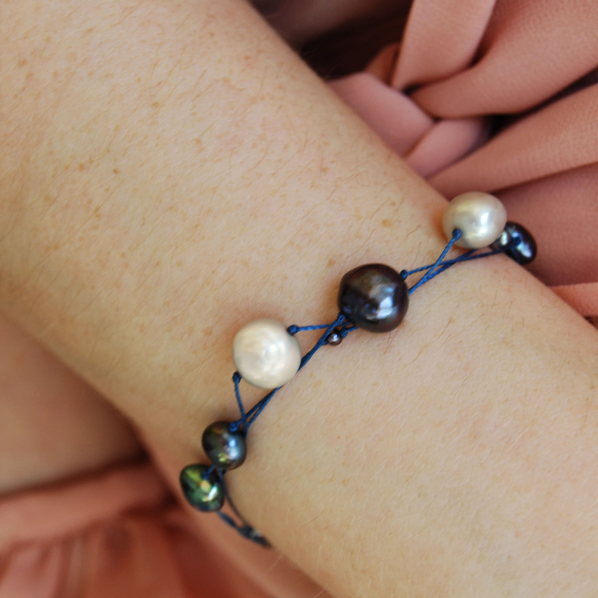 Grey - Black Freshwater Pearl &amp; Blue Silk Bracelet